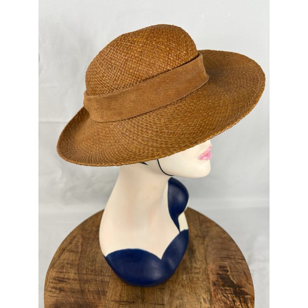 Vintage Whittall & Javits Straw Sun Hat 13” Wide Brim Brown Woven Band